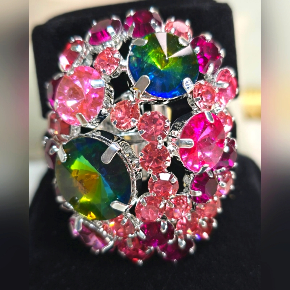 Bold Multicolor Pink and Green Rhinestone Ring
